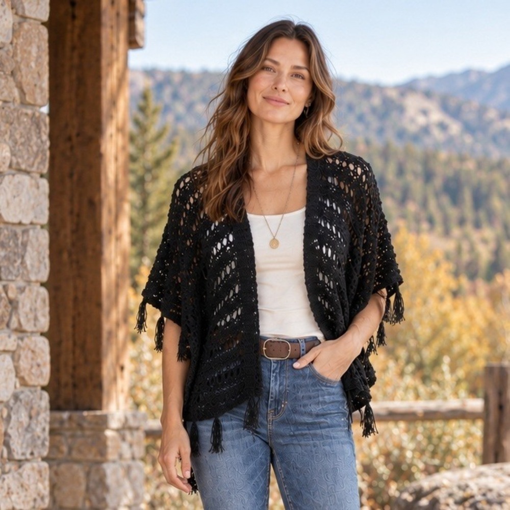 Sundance Womens Crochet Fringe Cardigan XS S Black Open Knit Poncho Boho Western